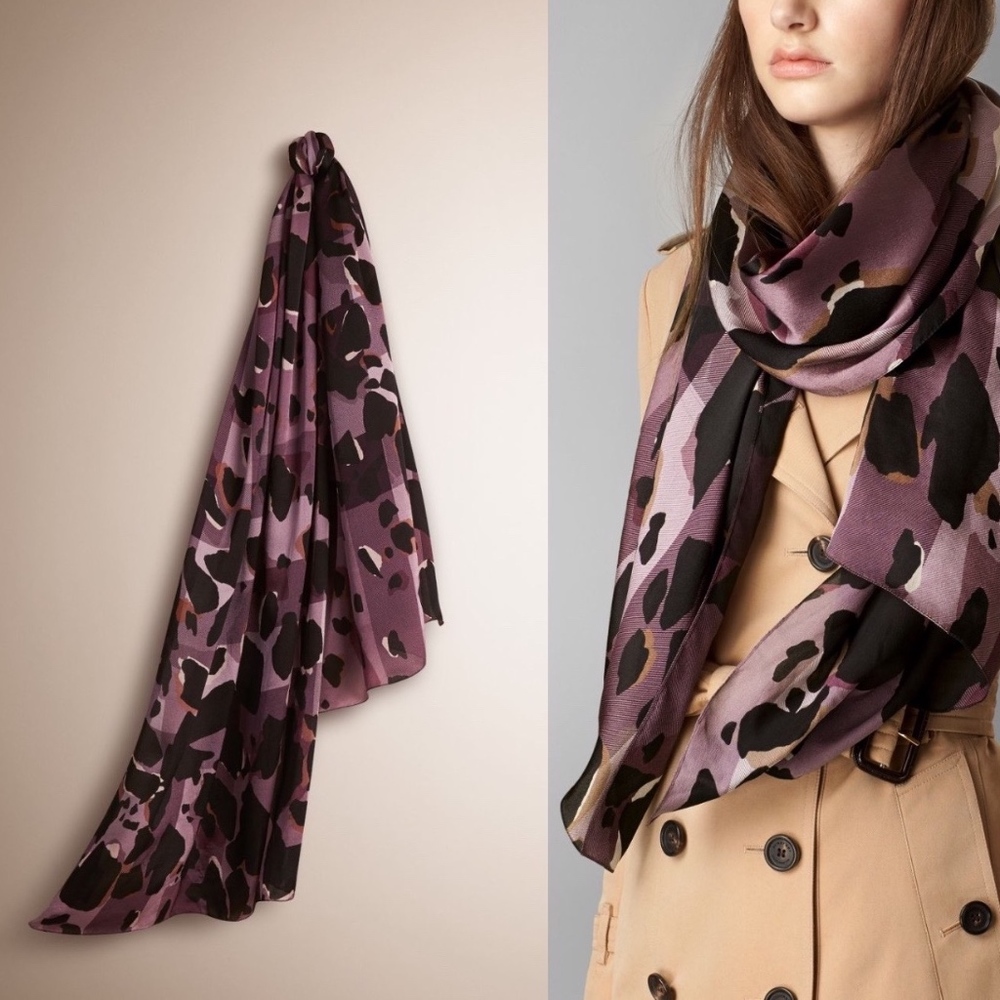 New Burberry Lightweight Check Print Purple Silk Scarf - Picture 1 of 6